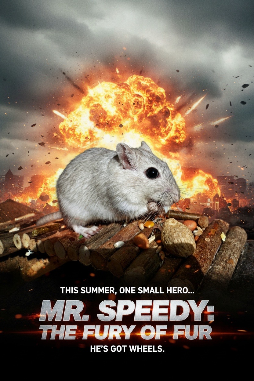 Rennmaus als Action-Film-Held auf dramatischem Filmplakat