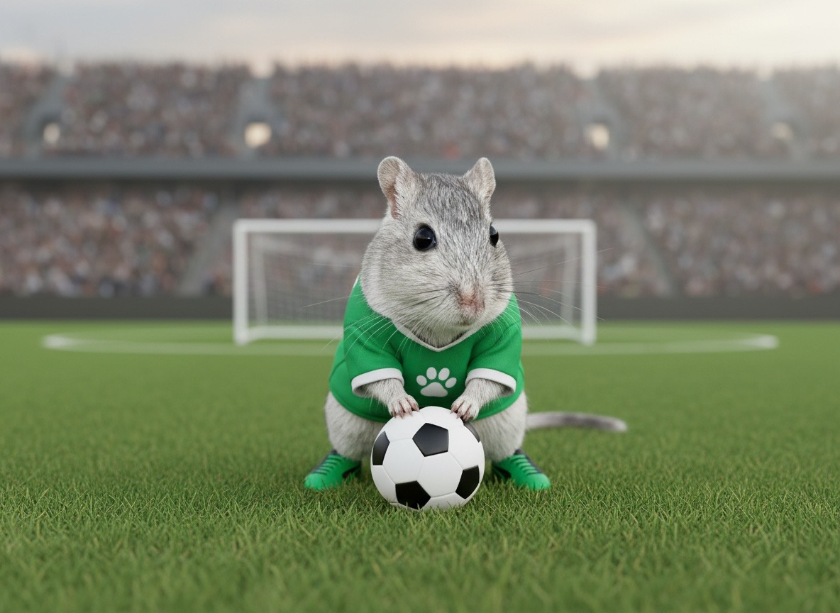 Rennmaus als Fußballspieler mit Trikot und Ball